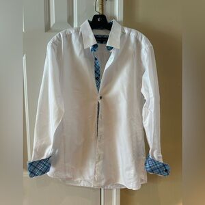 Jared Lang White Dress Shirt L Blue Plaid Contrast Cuffs